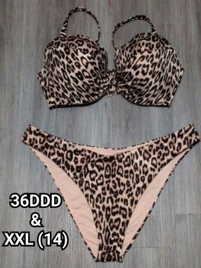 Victoria's Secret Twist Front Bikini & Brazilian Bottoms In Leopard 36DDD & XXL
